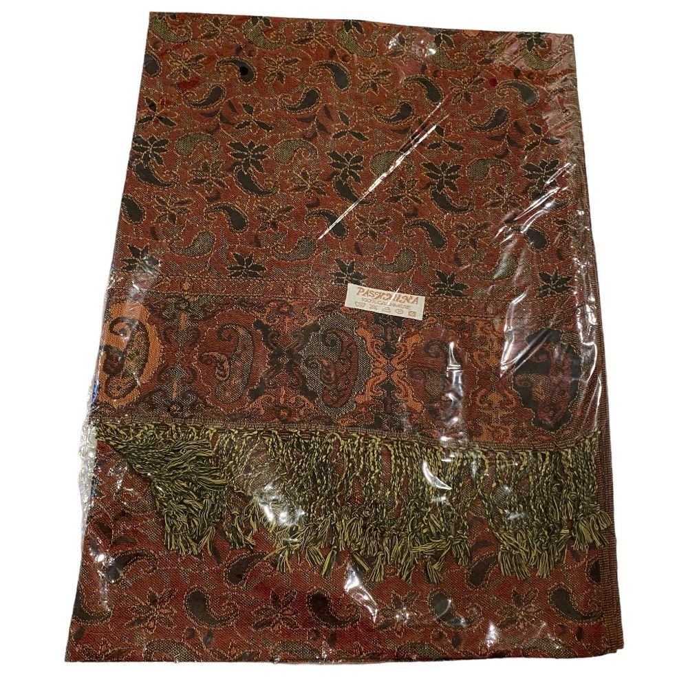 Pashmina Rust Orange Gold 100% Cashmere Paisley Brocade Fringe Shawl Scarf